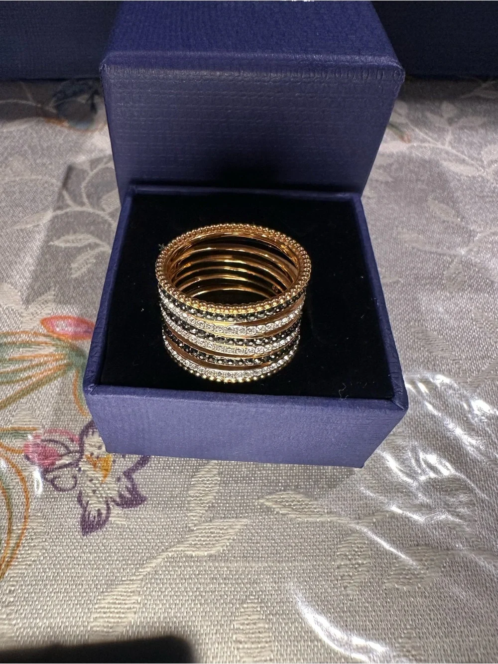 Swarovski Rose Gold Multi-Row Black and Clear Crystal Ring - 5312045 -Sz 8 - NIB